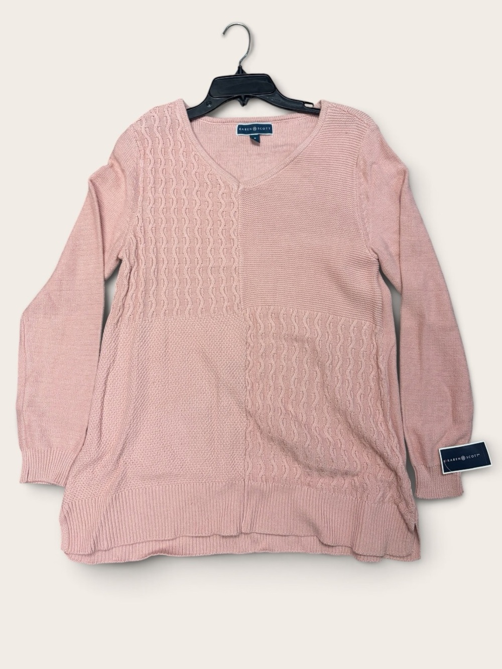 Karen Scott Blush Patchwork V-Neck Knit Sweater